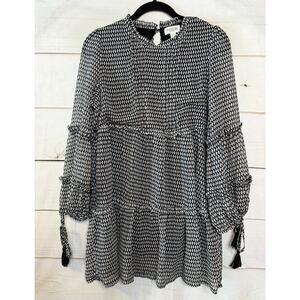 Allison New York Sz SM Long Sleeve Dress Ruffled Collar Blue White Print Tassels